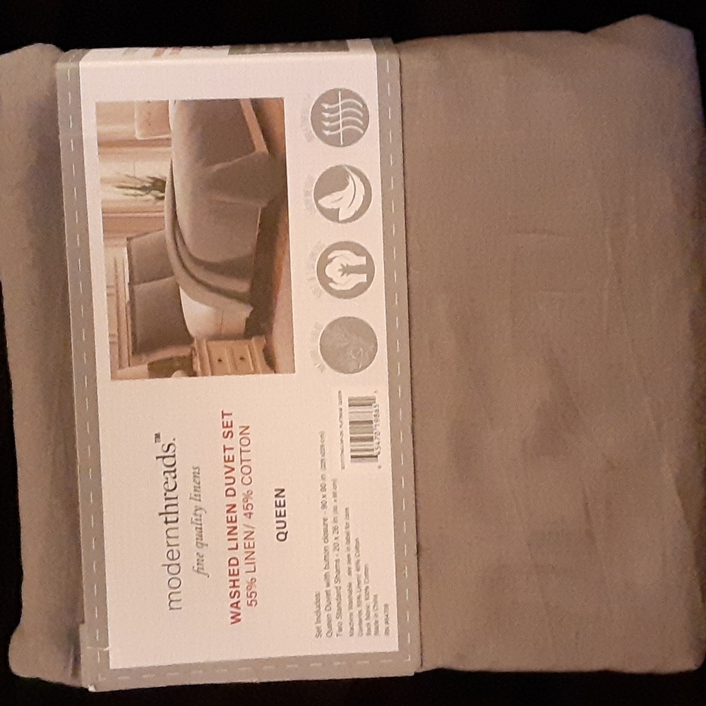 Modern Threads Platinum Natural Fiber washed linen duvet set Queen NEW 90x90"…